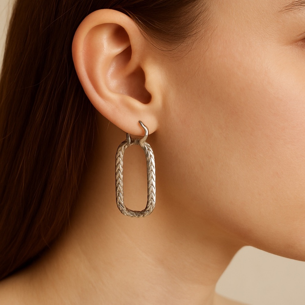 Sterling Silver Lever Back Rectangular Hoop Earri… - image 1